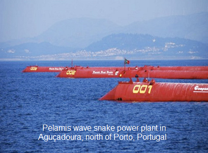 Wave power park with three pelamis
                              (wave snake) near Aguadoura in the region
                              of Porto, with a Portuguese flag