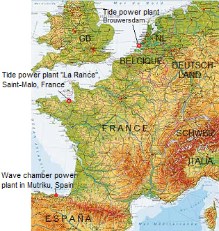 Map with the position of tide power
                                plants of Brouwersdam with Grevelingen
                                Sea in Holland and "La Rance"
                                near Saint-Malo in Bretagne in France