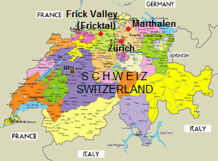 Map of Switzerland with Zurich,
                              Marthalen and Frick Valley (Fricktal)