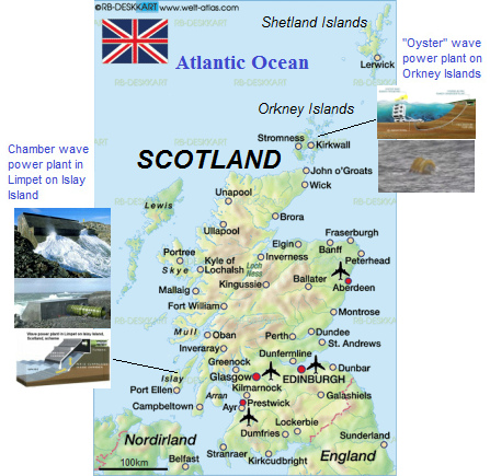 Map of Scotland with Islay
                                Island with the wave chamber power
                                plant, and with Orkney Islands with the
                                Oyster wave power plant