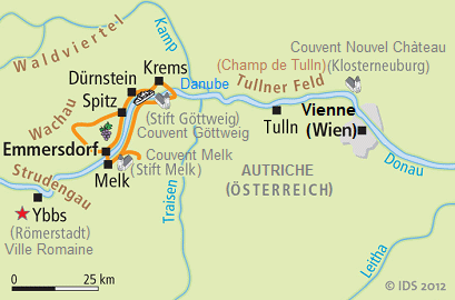 Carte de
                                  l'Autriche avec Vienne et le paysage
                                  "Wachau" au fleuve Danube