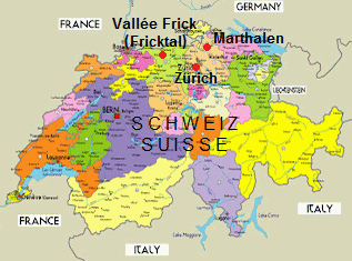 Carte de la Suisse avec Zurich,
                            valle Frick et Marthalen