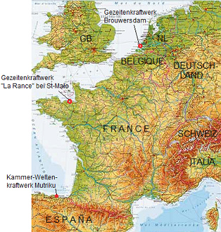 Karte mit der Position der
                                Gezeitenkraftwerke Brouwersdam mit
                                Grevelingenmeer in Holland und "La
                                Rance" bei Saint-Malo in der
                                Bretagne in Frankreich