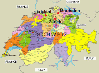 Karte der Schweiz mit Zrich,
                              Marthalen und dem Fricktal