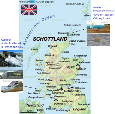 Karte von Schottland mit der
                                Insel Islay mit dem
                                Kammer-Wellenkraftwerk, und mit den
                                Orkney-Inseln mit dem
                                Auster-Wellenkraftwerk