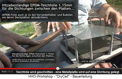 EPDM-Teichfolie wird geschnitten und eine
                          Metallplatte auf eine Dichtung gelegt.
