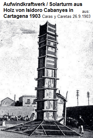 Das erste Aufwindkraftwerk
                  in Form eines Solarturms aus Holz mit Wrmevorfeld und
                  Turbinenhaus in Cartagena 1903, Erfinder: Isidoro
                  Cabanyes. Quelle: Caras y Caretas, 26.9.1903