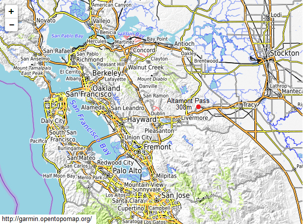 Karte der Region San Francisco
                                    mit dem Altamont-Pass (308m hoch) -
                                    der Ort, wo 100e
                                    Vogelschredder-Windrder stehen