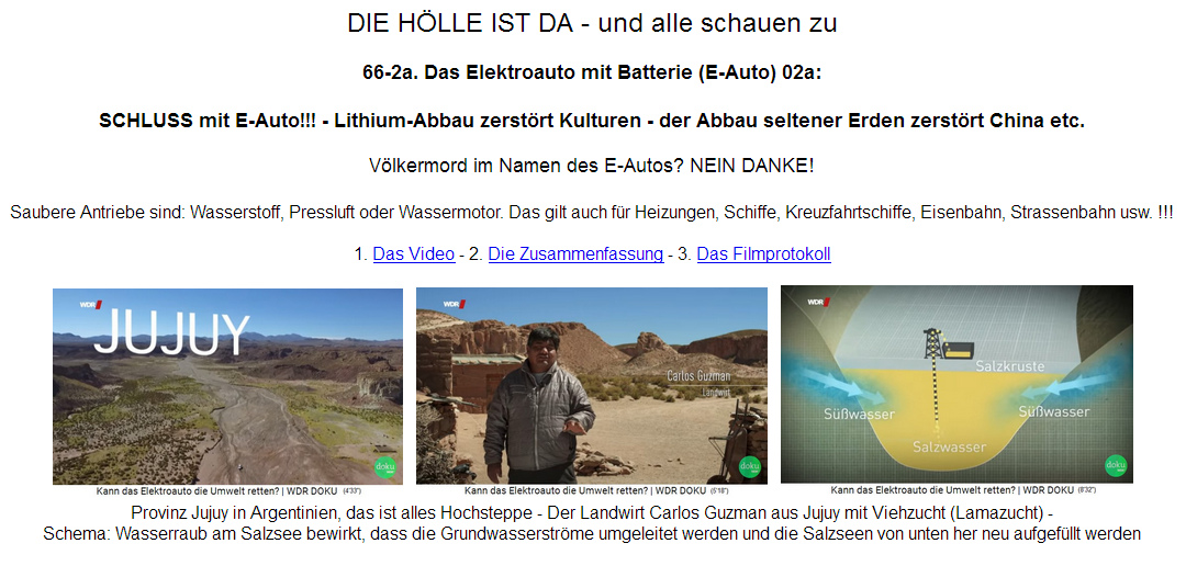 Titel
                                    SCHLUSS mit E-Auto, Lithium ist
                                    V�LKERMORD