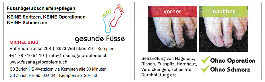 Michel Sigg,
                            Fussnagelstudio zum Fussn�gel abschleifen in
                            Wetzikon-Kempten, Visitenkarte