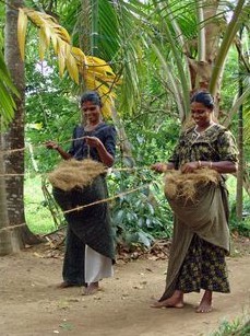 Frauen in Indien spinnen Kokosfaser