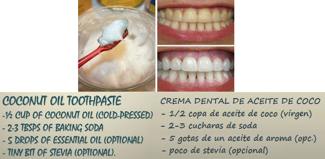 Receta de una crema dental: aceite de coco + soda + aceite de aroma (opcional) + azcar de abedul Stevia (opcional)
