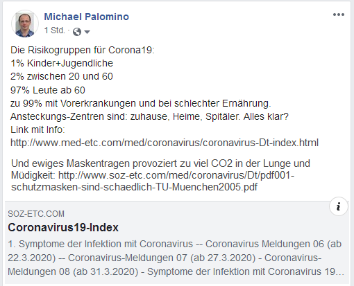 Risikogruppen für Corona19:
Kinder+Jugendliche 1%, Leute 20-60 2%, Leute
über 60 97%, 99% mit Vorerkrankungen und
schlechter Ernährung - Ansteckungs-Zentren sind:
zuhause, Heime, Spitäler. Alles klar? Risikogruppen für Corona19:
Kinder+Jugendliche 1%, Leute 20-60 2%, Leute
über 60 97%, 99% mit Vorerkrankungen und
schlechter Ernährung - Ansteckungs-Zentren sind:
zuhause, Heime, Spitäler. Alles klar?