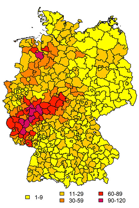 NABU: Deutschland-Karte mit dem Meisensterben
                      seit 2020, verursacht durch 4G-Antennenanlagen von
                      Vodafone - Bildquelle: www.5gspaceappeal.org