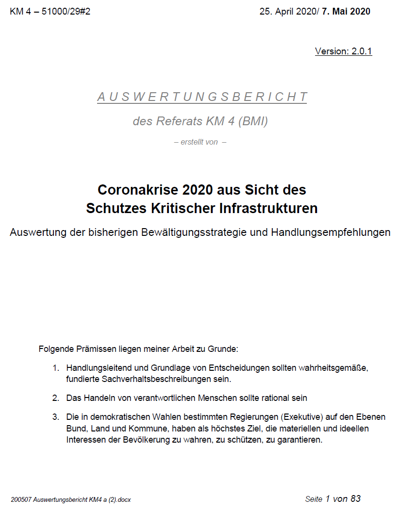 Titelblatt
"Auswertungsbericht" über den
Fehlalarm wegen Corona19, 7.5.2020 Titelblatt
"Auswertungsbericht" über den
Fehlalarm wegen Corona19, 7.5.2020