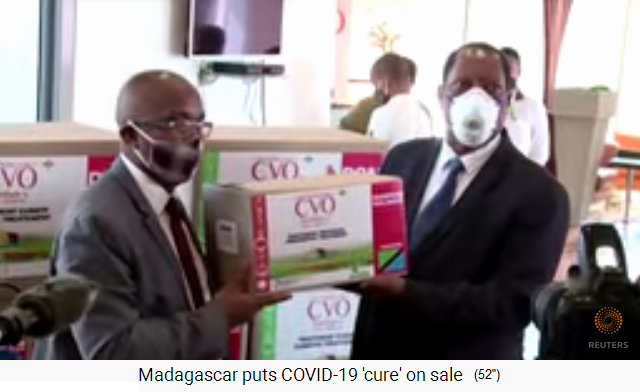 Madagaskar
                            8.5.2020: Der Aussenminister von Tansania
                            Kabudi und der Aussenminister von Madagaskar
                            Djacoba präsentieren eine Kiste mit dem
                            Heilmittel CVO gegen Corona19, das als
                            Hauptbestandteil Artemisia annua enthält