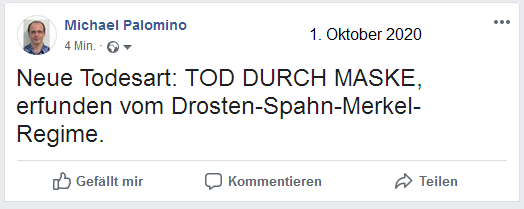 Neue Todesart TOD DURCH MASKE, erfunden vom
Drosten-Spahn-Merkel-Regime - registriert am
1.10.2020 Neue Todesart TOD DURCH MASKE,
erfunden vom Drosten-Spahn-Merkel-Regime -
registriert am 1.10.2020