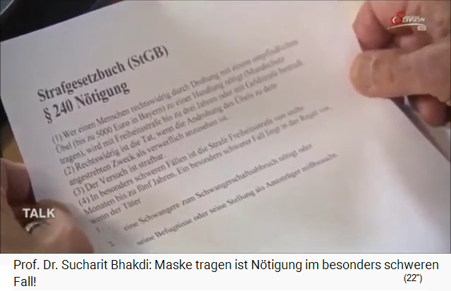 Bhakdi zitiert das Strafgesetzbuch Paragraph
240: Nötigung, das Textblatt