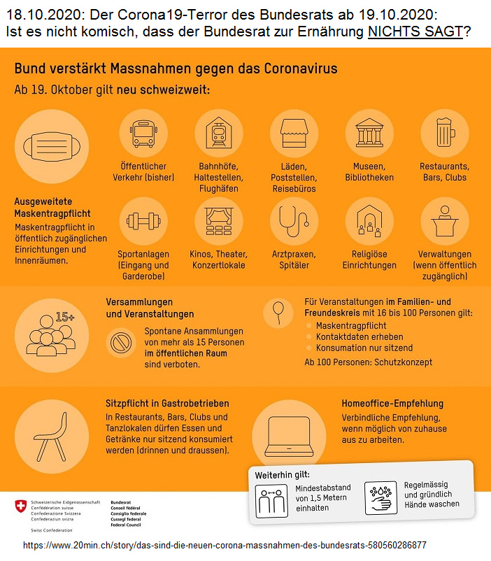 Die Massnahmen im Überblick.BAG:
Corona19-Terror des Bundesrats mit Vorschriften ab
dem 19.10.2020, beschlossen am 18.10.2020 Die Massnahmen im Überblick.BAG:
Corona19-Terror des Bundesrats mit Vorschriften ab
dem 19.10.2020, beschlossen am 18.10.2020