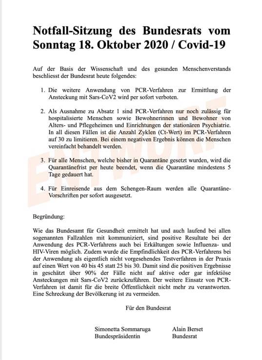 19.10.2020: Was der Bundesrat beschliessen
müsste: SCHLUSS mit dem kriminellen PCR-Test, der zu 90%
FALSCH-Positive anzeigt 19.10.2020: Was der
Bundesrat beschliessen müsste: SCHLUSS mit dem
kriminellen PCR-Test, der zu 90% FALSCH-Positive
anzeigt
