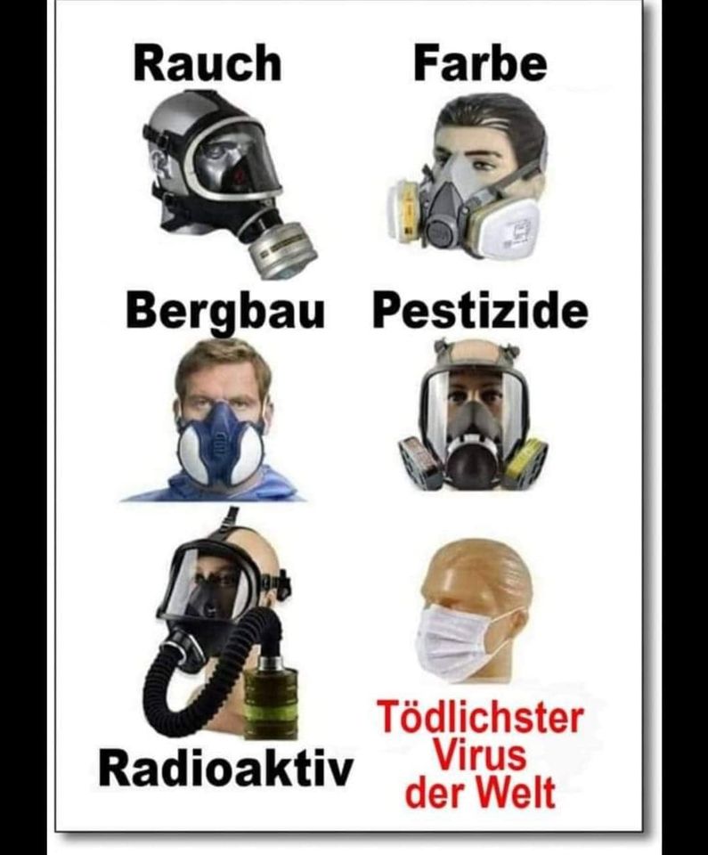 Masken:
Beispiele gegen Rauch, Farbdämpfe, Bergbau, Pestizide,
Radioaktivität, und eine einfache Spitalmaske soll
gegen einen Virus helfen Masken: Beispiele gegen
Rauch, Farbdämpfe, Bergbau, Pestizide, Radioaktivität,
und eine einfache Spitalmaske soll gegen einen Virus
helfen