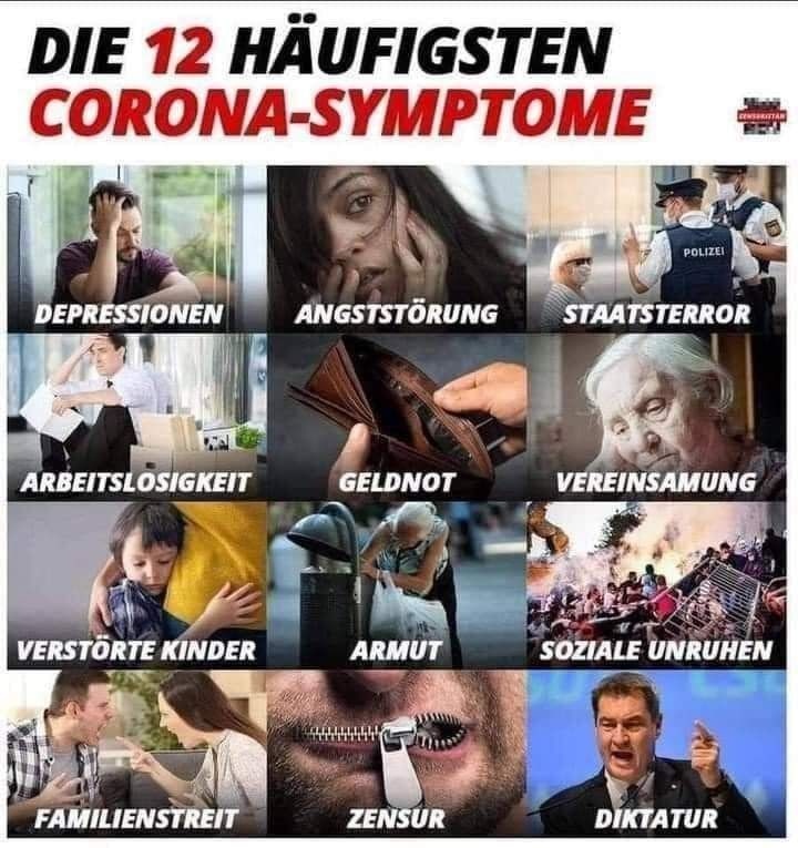12 reale Corona19-Symptome: Depressionen -
                Angstst�rungen - Staatsterror - Arbeitslosigkeit -
                Geldnot - Vereinsamung - Verst�rte Kinder - Armut -
                Soziale Unruhen - Familienstreit - Zensur - Diktatur