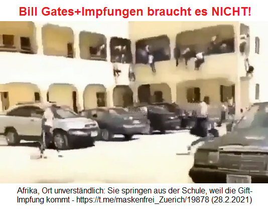 28.2.2021:
                  Afrika, Ort unverst�ndlich: Sie springen aus der
                  Schule, weil die Gift-Impfung kommt:
                  https://t.me/maskenfrei_Zuerich/19878