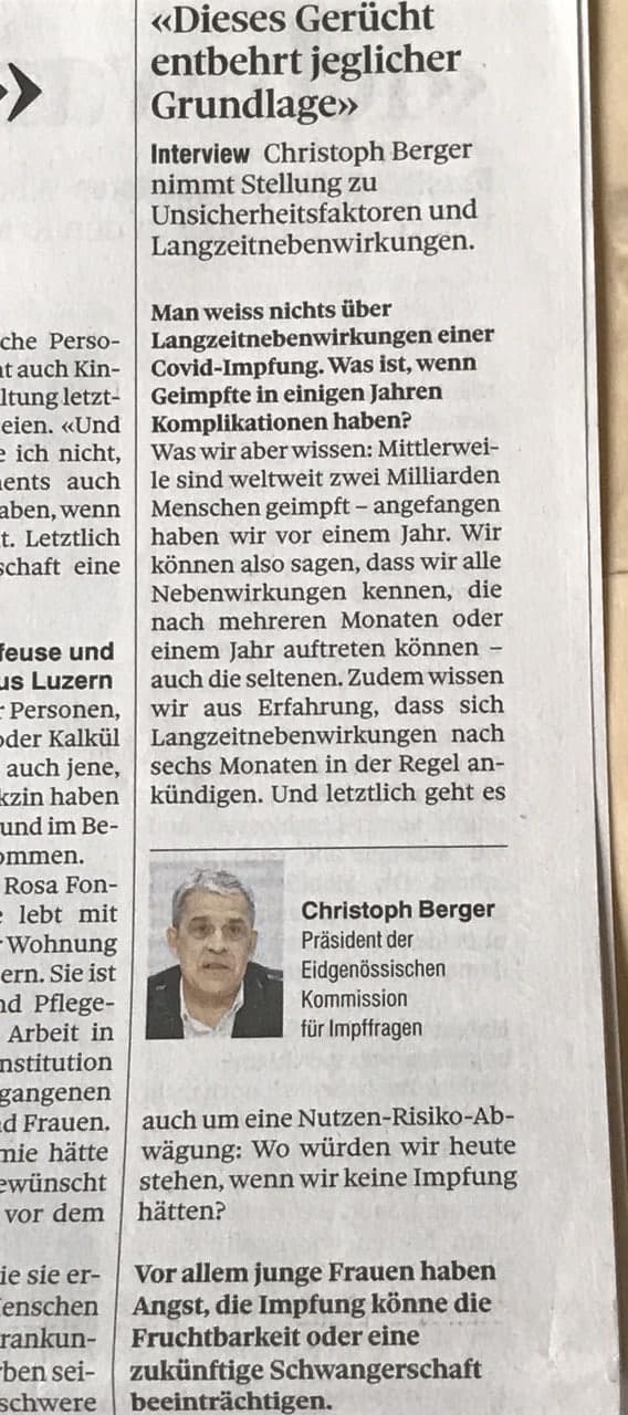 22.6.2021: Christoph Berger will nix
wissen über tödliche Tierversuche mit
Genimpfungen nach 6 Monaten 22.6.2021:
Christoph Berger will nix wissen über tödliche
Tierversuche mit Genimpfungen nach 6 Monaten