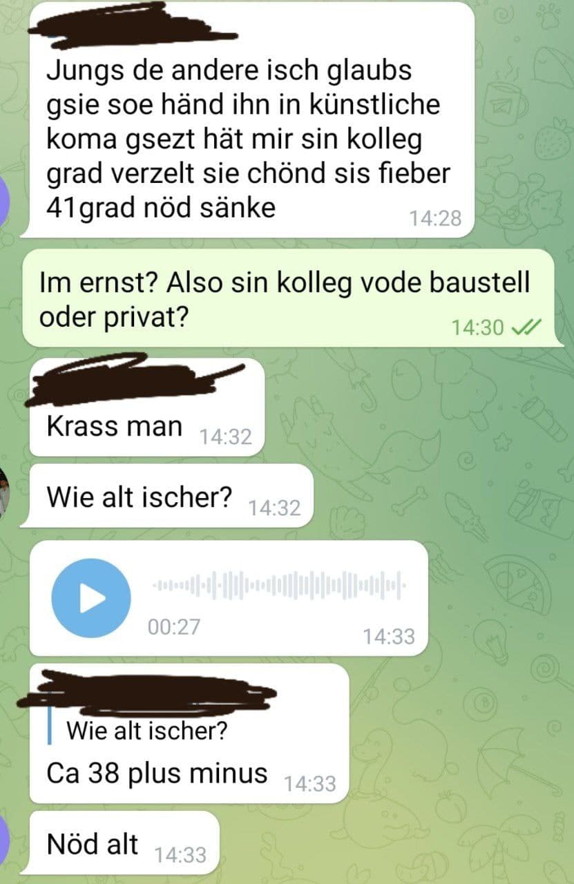 Kanton Zürich 30.6.2021: Bauleiter
kollabiert nach 2. Genimpfung, hat nun 41
Grad Fieber und wurde ins künstliche Koma
versetzt Kanton Zürich 30.6.2021:
Bauleiter kollabiert nach 2. Genimpfung, hat
nun 41 Grad Fieber und wurde ins künstliche
Koma versetzt