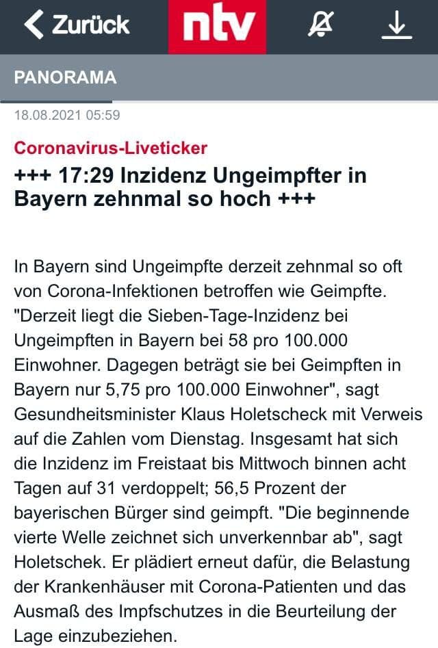 Fascho-Bayern 20.8.2021:
                  GENgeimpfte müssen nicht testen - deswegen sollen fast
                  nur UNgeimpfte Corona haben!