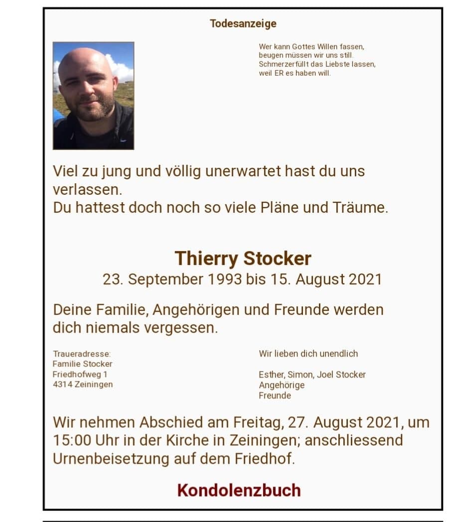 GEnimpfmord 27.8.2021: "Viel zu jung und
                    unerwartet verstorben" - Thierry Stocker