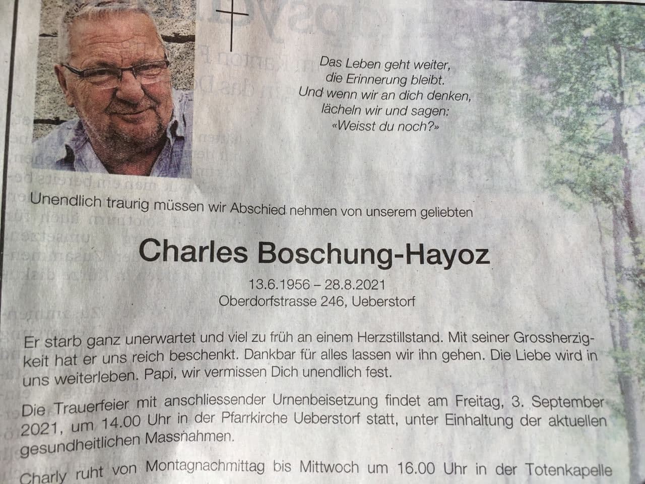 GENimpfmord Schweiz 30.8.2021:
                      Charles Boschung-Hayoz "ganz unerwartet"
                      gestorben