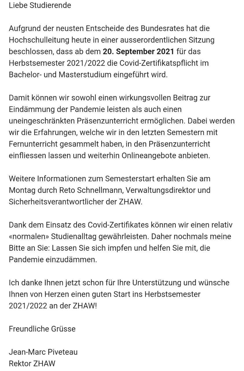 Diskriminierung
                  durch 3G-Terror Uni ZHAW Zürich 11.9.2021: Der Rektor
                  behauptet, die GENimpfung schütze vor Corona und es
                  gelte der 3G-Terror gegen gesunde UNgeimpfte ohne
                  Test