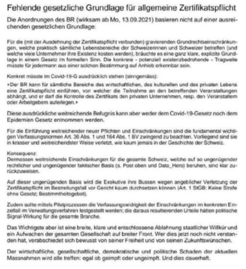 Widerstand Kruse Schweiz 14.9.2021:
                    Brief von Anwalt Kruse: 3G-Zertifikat hat keine
                    gesetzliche Grundlage