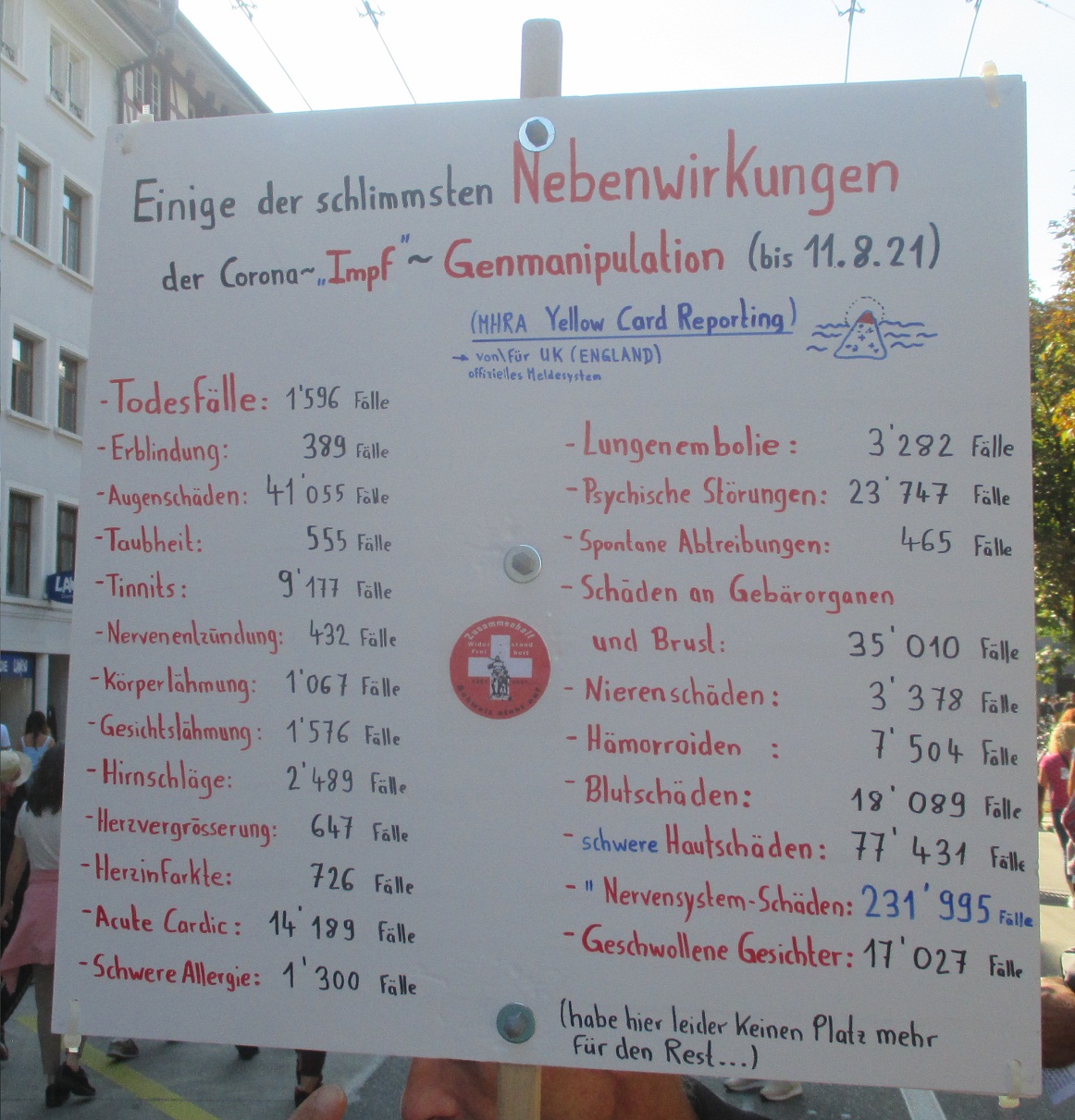 Demo Winterthur
                  18.9.2021: Liste der Nebenwirkungen von GENimpfungen
                  gem�ss "Yellow Card Reporting" des
                  britischen Gesundheitsministeriums MHRA