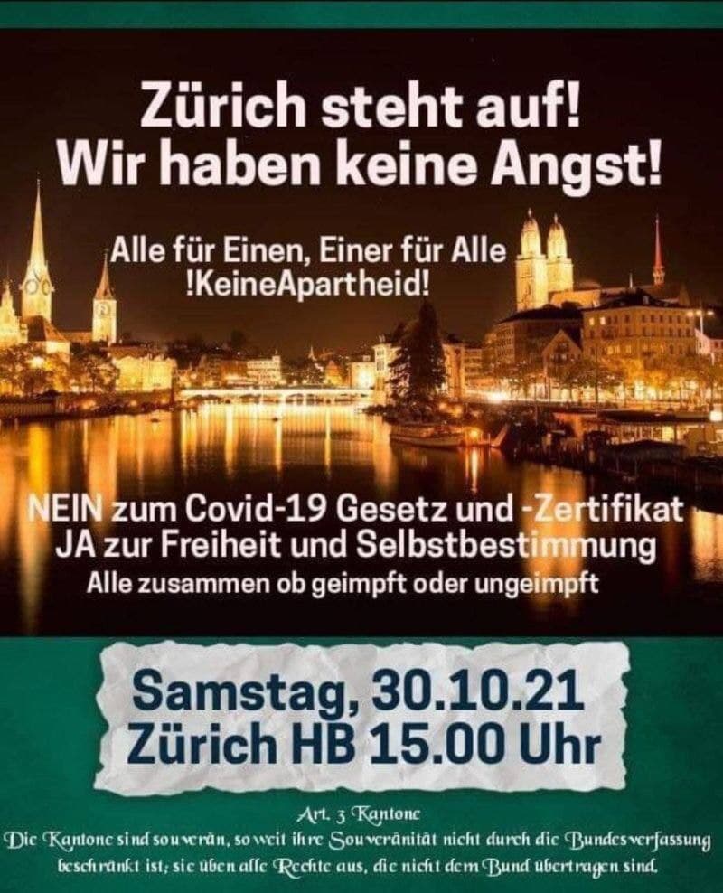 Widerstand mit Demo in Zürich 12.10.2021:
Samstag 15 Uhr Widerstand mit Demo in Zürich
12.10.2021: Samstag 15 Uhr