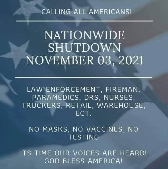 Widerstand "USA" 20.10.2021: Am
3. November streiken in den GANZEN "USA"
die die Justizvollzugsbeamten, Feuerwehr,
Mediziner, Ärzte, Krankenschwestern,
Lastwagenfahrer, Verteiler, Warenhäuser Widerstand "USA" 20.10.2021: Am 3.
November streiken in den GANZEN "USA"
die die Justizvollzugsbeamten, Feuerwehr,
Mediziner, Ärzte, Krankenschwestern,
Lastwagenfahrer, Verteiler, Warenhäuser