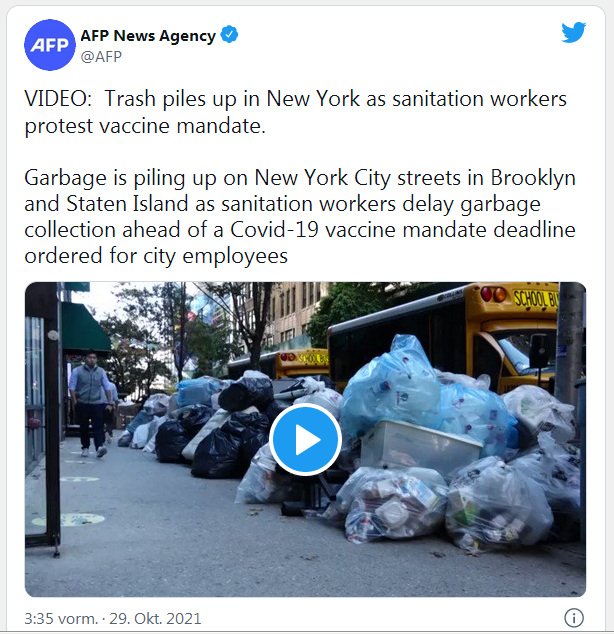 New York hat UNgeimpfte
                    Müllarbeiter beurlaubt, das provoziert Abfallberge
                    ohne Ende, Foto vom 29.10.2021
