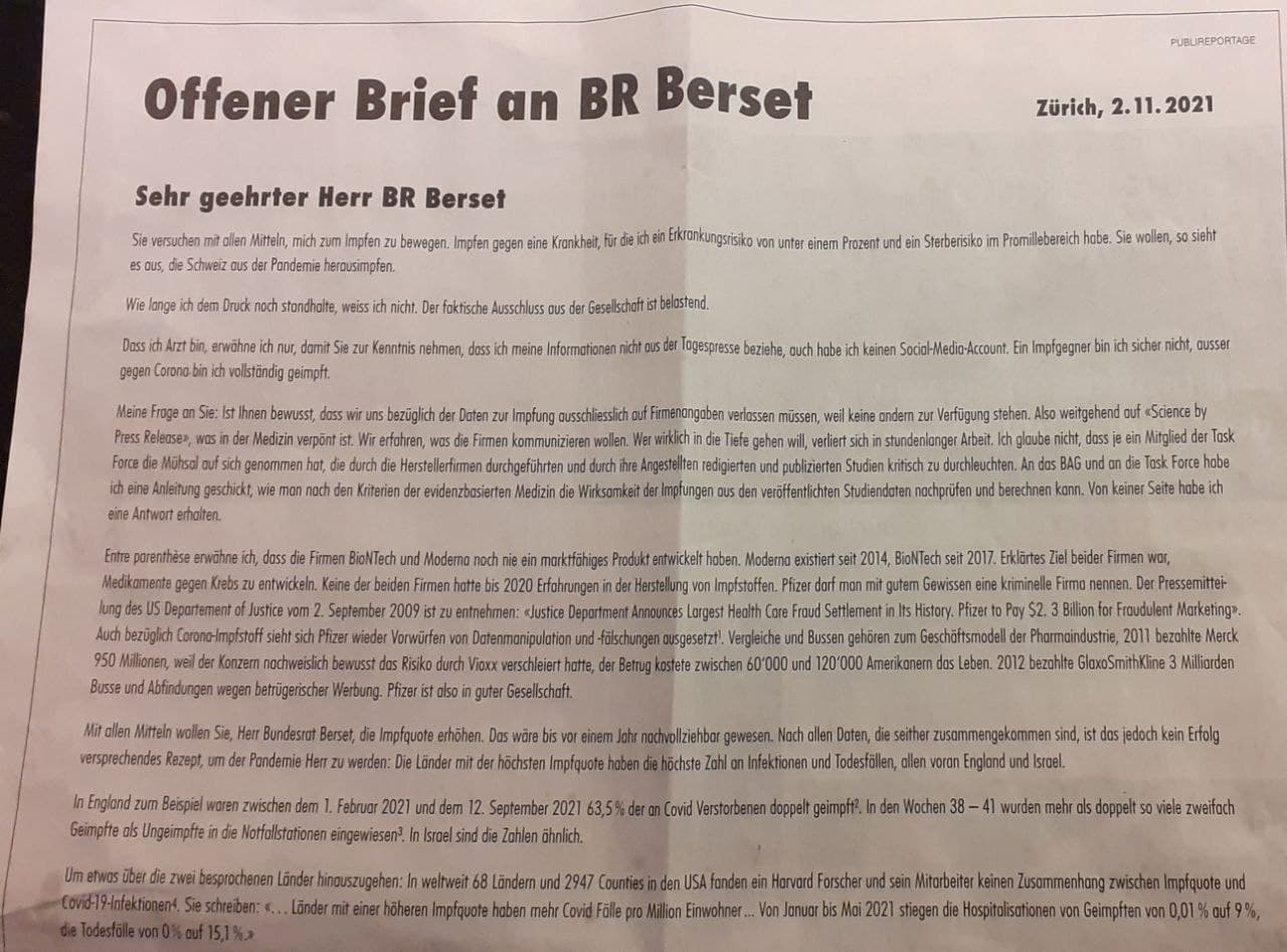 Widerstand offener Brief an Berset
                    25.11.2021: abgedruckt in der Zeitung Zürcher
                    Oberländer