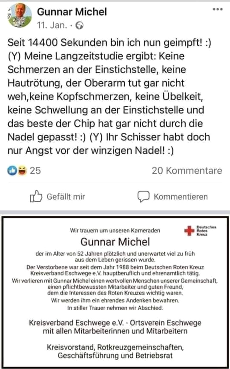 GENimpfmord 4R am 29.12.2021: Gunnar
                  Michel GENgeimpft verspottete die UNgeimpften - ist
                  nun weg mit 52