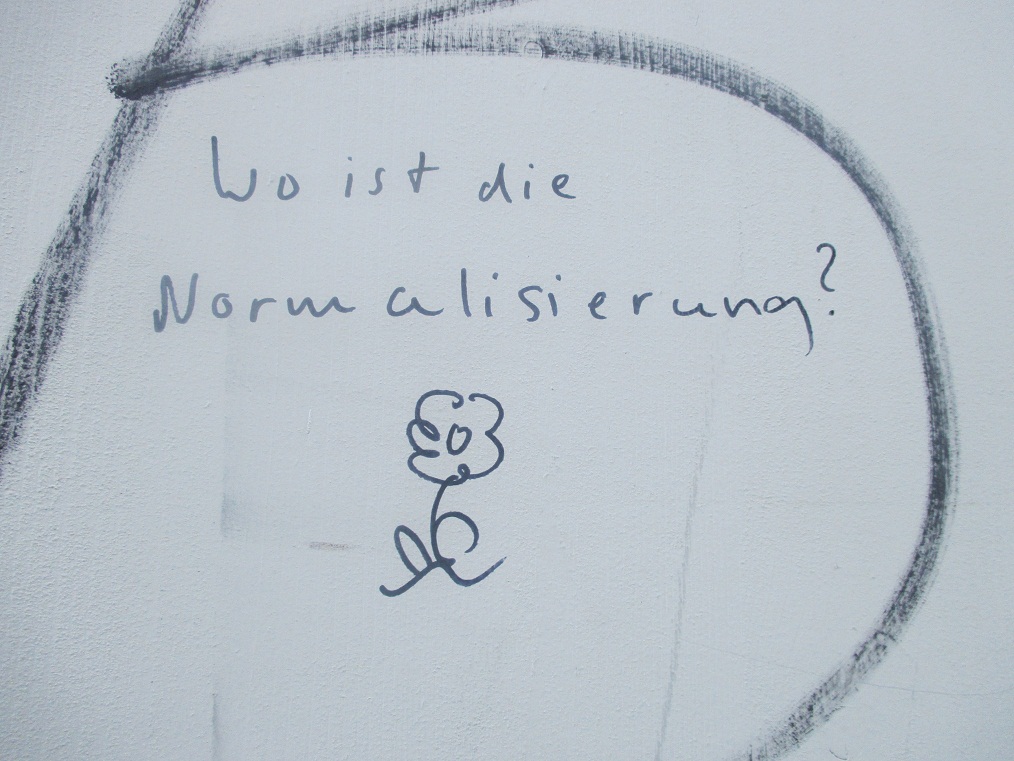 Demo in Bern 22.1.2022: Graffito "Wo ist
die Normalisierung?" Demo in Bern
22.1.2022: Graffito "Wo ist die
Normalisierung?"