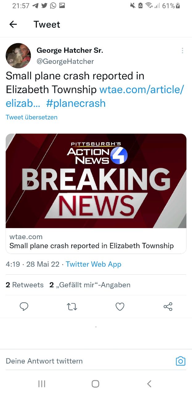 Flugzeugabsturz "USA" 08 in
                  Pennsylvania beim Elizabeth Township 28.Mai 2022