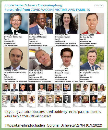 Zahlen: SCHLANGENGIFTimpfmorde in Kanada
                  6.9.2022: In 16 Monaten sterben 32 Ärzte - also pro
                  Monat 2