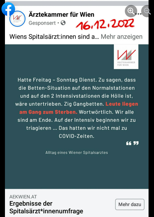 Spitaldesaster Wien (Ö) 16.12.2022:
"Wiener Ärztekammer: «Patienten liegen auf dem
Gang, um zu sterben»" Spitaldesaster Wien
(Ö) 16.12.2022: "Wiener Ärztekammer: «Patienten
liegen auf dem Gang, um zu sterben»"
