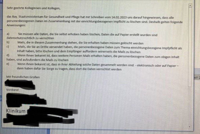 Spitaldesaster Klinikum Kempten (Bayern, 4R)
27.2.2023: Aufforderung zur Beweisvernichtung von
Corona-Daten Spitaldesaster Klinikum Kempten
(Bayern, 4R) 27.2.2023: Aufforderung zur
Beweisvernichtung von Corona-Daten