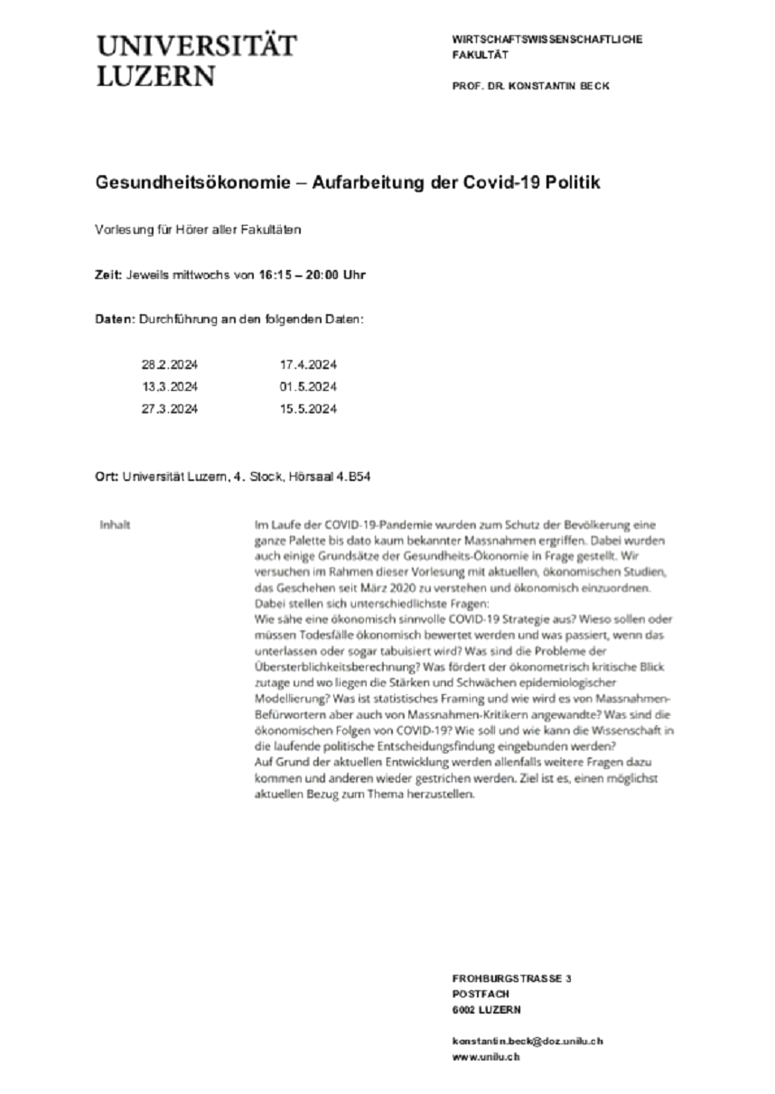 Widerstand Universität Luzern 22.1.2024: hat
Vorlesungen zur Aufarbeitung der Coronapolitik Widerstand Universität Luzern 22.1.2024: hat
Vorlesungen zur Aufarbeitung der Coronapolitik