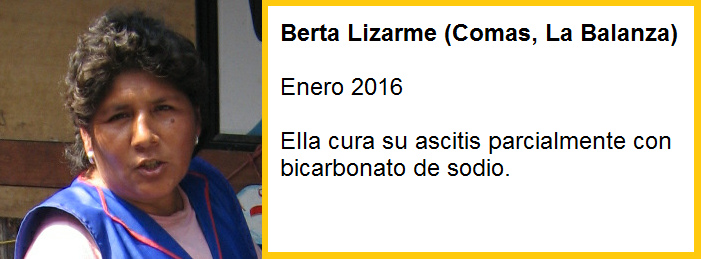Berta Lizarme cura
                  parcialmente su ascitis con una solucin con
                  bicarbonato de sodio y algarrobina y reduce su
                  sobrepeso bastante.