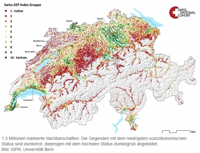 Karte der Schweiz mit
                          der Schichtenbildung: 1.3 Millionen markierte
                          Nachbarschaften: Die Gegenden mit dem
                          niedrigsten sozio�konomischen Status sind
                          dunkelrot, diejenigen mit dem h�chsten Status
                          dunkelgr�n abgebildet.