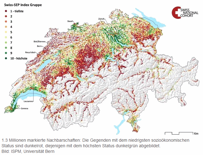Karte der Schweiz mit
                          der Schichtenbildung: 1.3 Millionen markierte
                          Nachbarschaften: Die Gegenden mit dem
                          niedrigsten soziokonomischen Status sind
                          dunkelrot, diejenigen mit dem hchsten Status
                          dunkelgrn abgebildet.