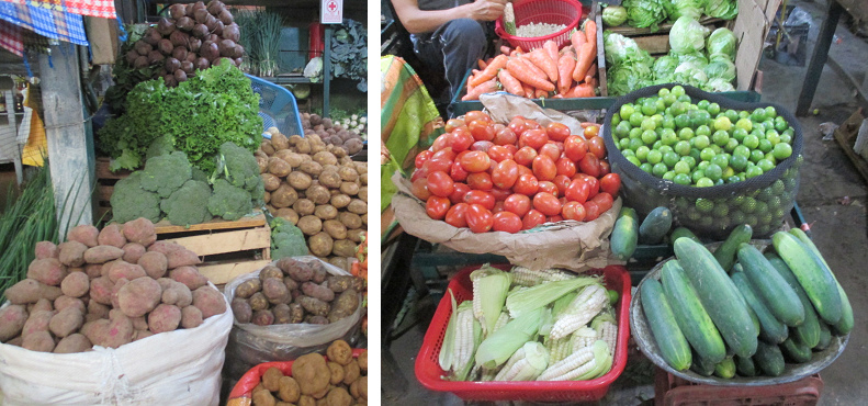 Verduras en un mercado en
              Lima 2019: papas, brócoli, lechuga, zanahorias, tomates,
              maíz, pepinos - y limoncitos para la comida